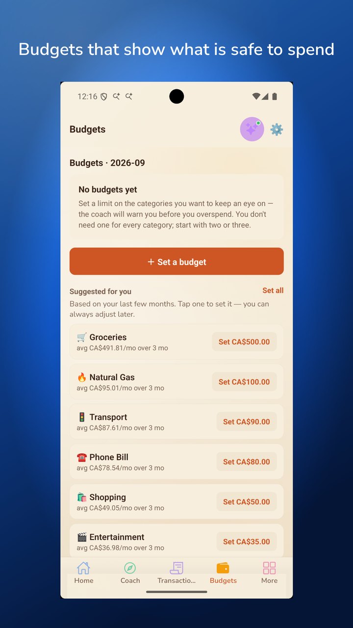 Saving's budgets screen: suggested budgets from the last few months