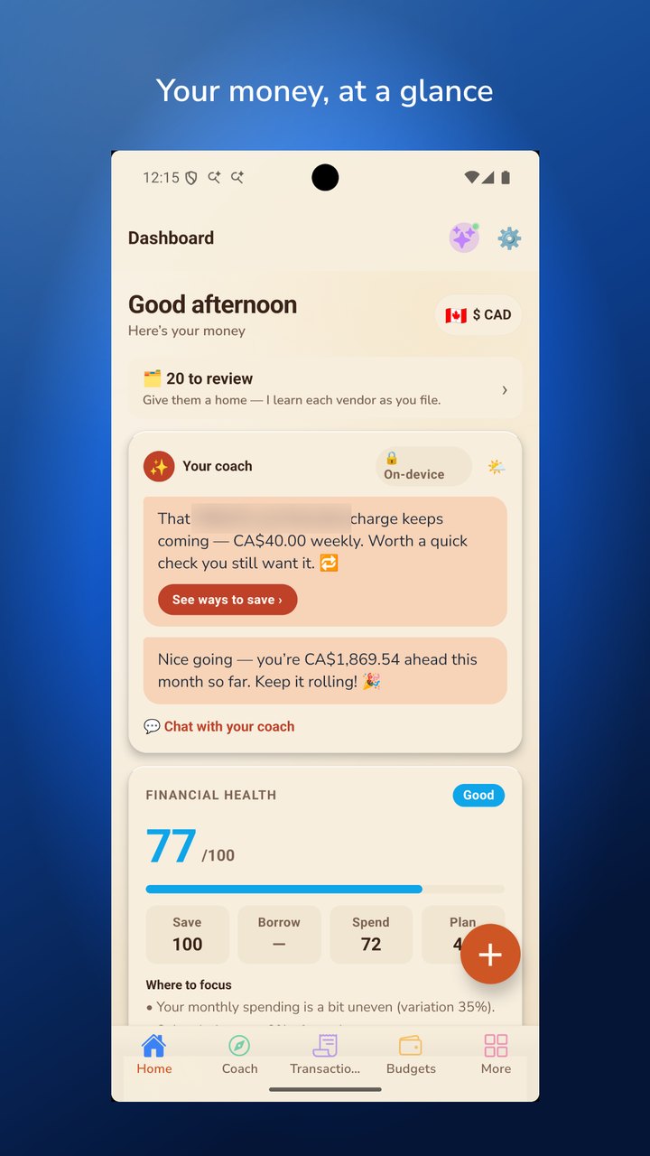 Saving's home screen: the month at a glance, the coach's notes and a financial health score