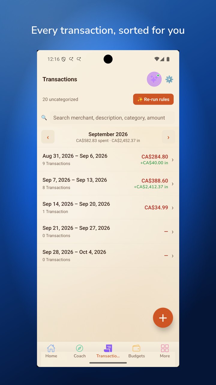 Saving's transactions screen: spending sorted week by week