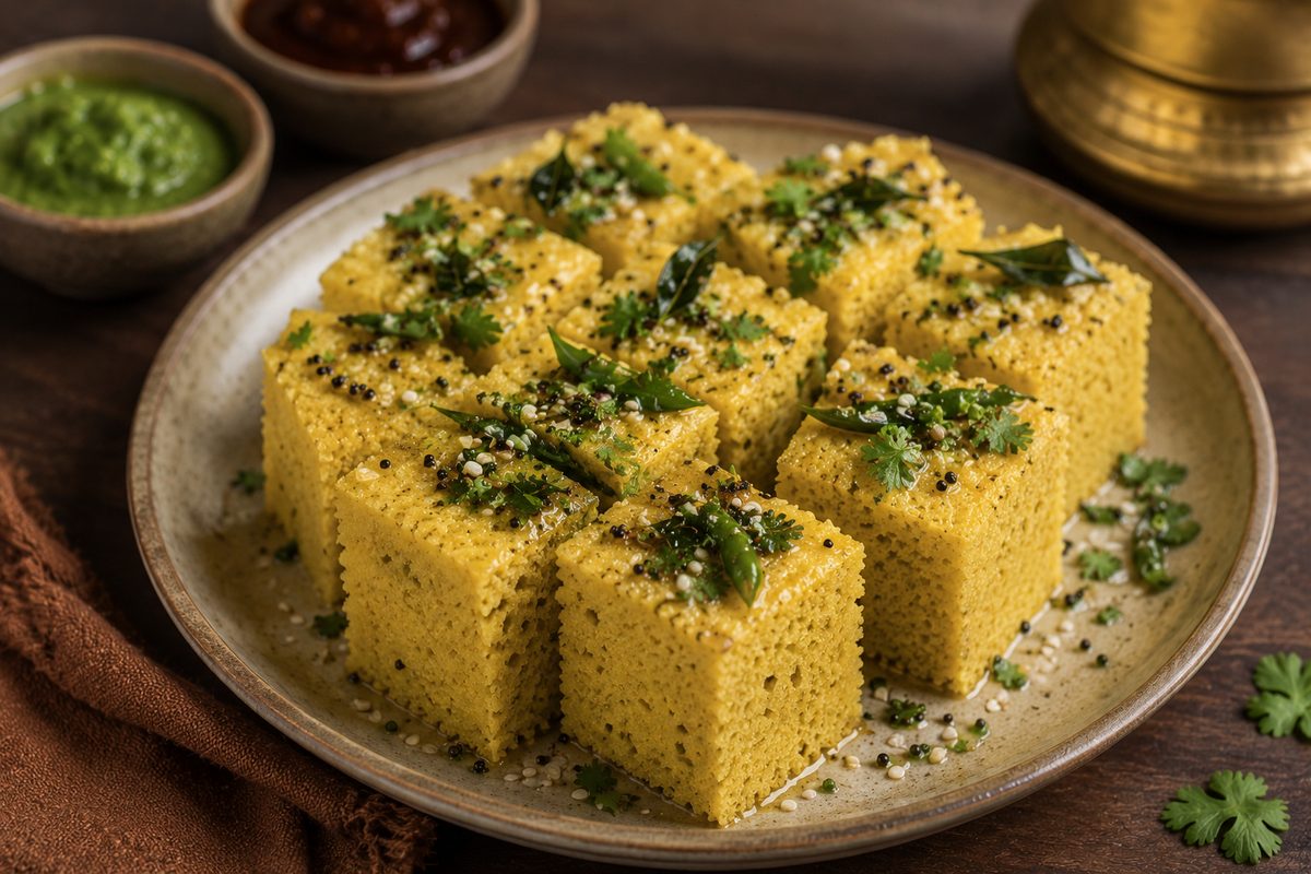 Soft steamed dhokla squares garnished with mustard seeds and coriander