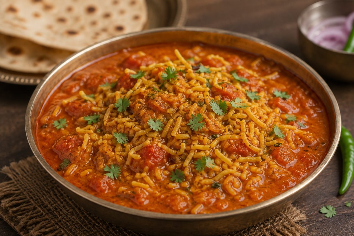 A tomato-based curry with sev, garnished with fresh coriander