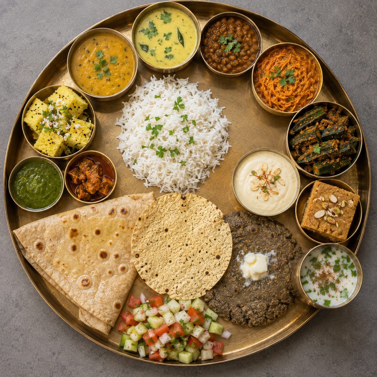 A generous Indian thali with many small dishes served on a platter